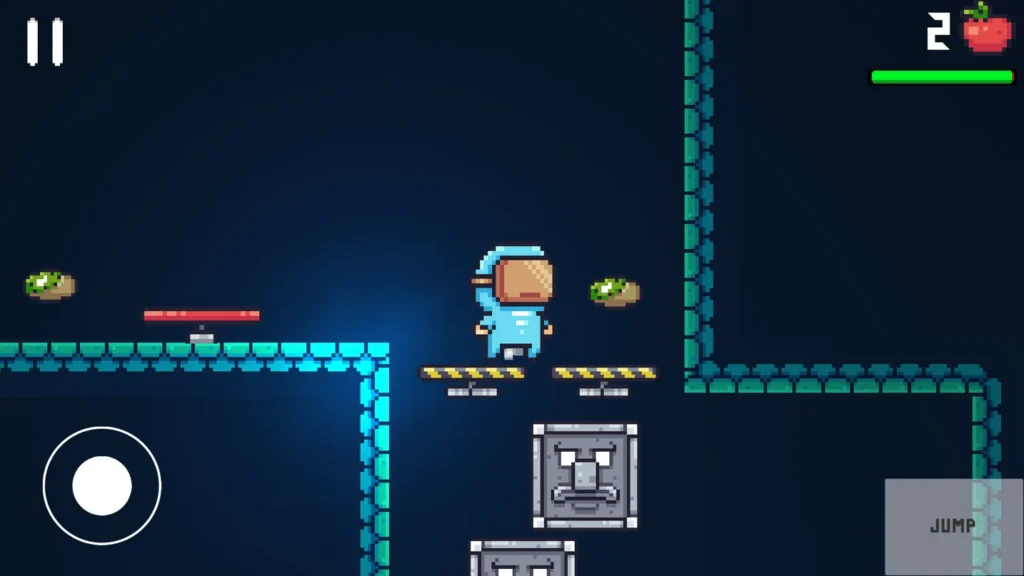 Fruit Trail gameplay: the astronaut hero stands on yellow-striped platforms above a stone crusher, with kiwis to collect on either side