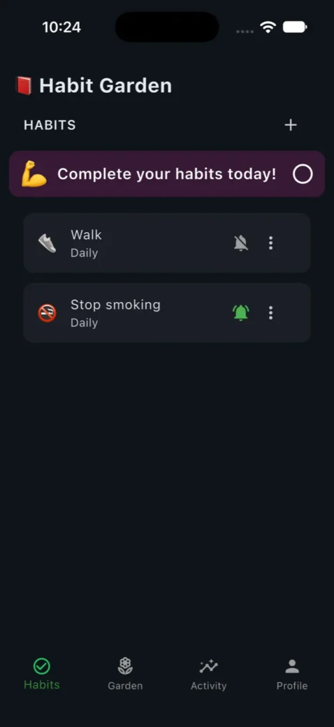The Habit Garden habits list, each habit with its icon, schedule and reminder bell