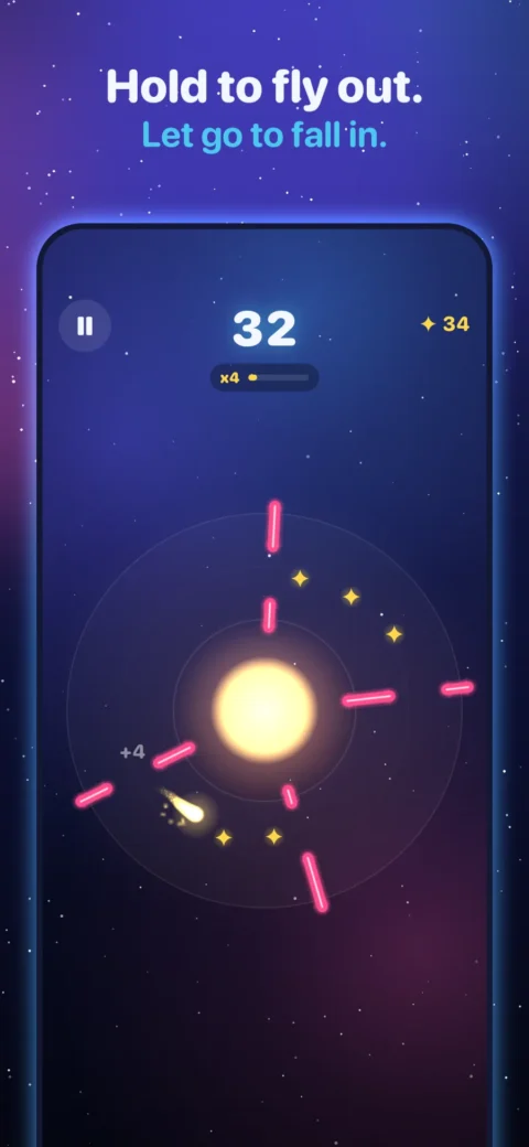 Comet Coil gameplay: a comet orbits a glowing star while pink debris gates spin around it. "Hold to fly out. Let go to fall in."