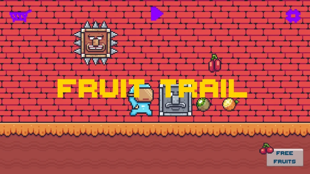 The Fruit Trail title screen: the hero, a spiked block and a stone face in front of a red brick wall, surrounded by fruit