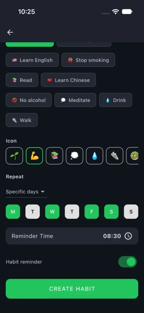 Creating a habit in Habit Garden: pick an icon, repeat on specific days and set a reminder time