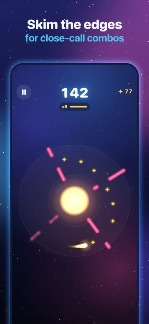 Comet Coil gameplay at a score of 142 with a x5 multiplier. "Skim the edges for close-call combos."