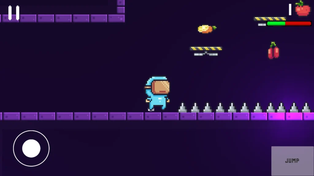 Fruit Trail gameplay: the hero runs along purple bricks towards a row of spikes, with cherries and an orange above