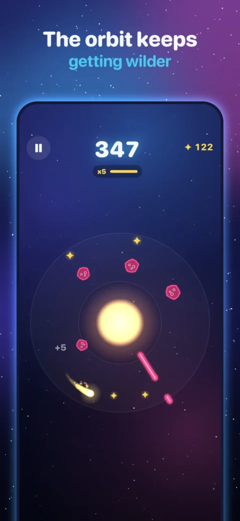Comet Coil gameplay with asteroids joining the orbit. "The orbit keeps getting wilder."