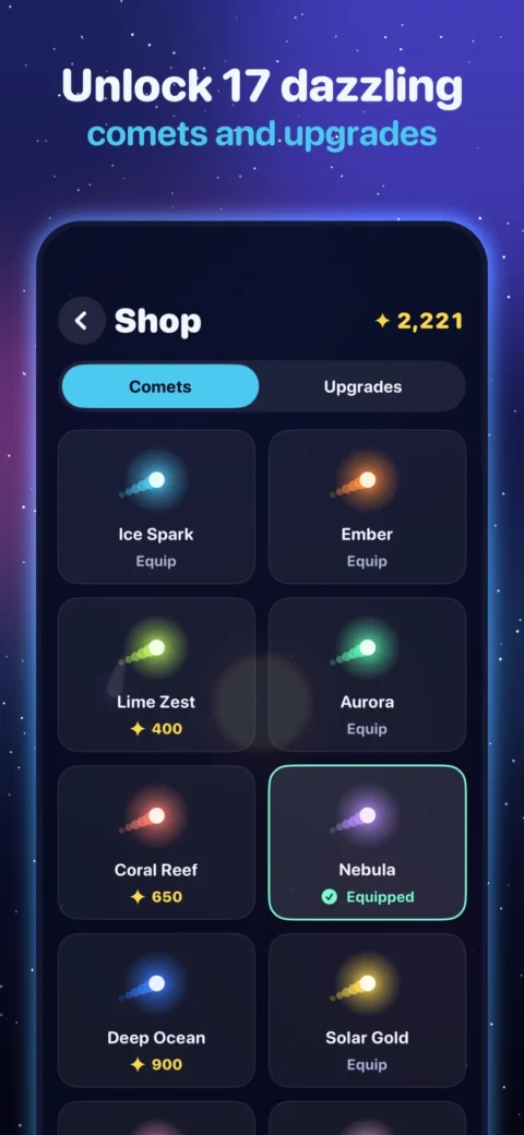 The Comet Coil shop showing collectable comets such as Ice Spark, Ember, Aurora and Nebula. "Unlock 17 dazzling comets and upgrades."