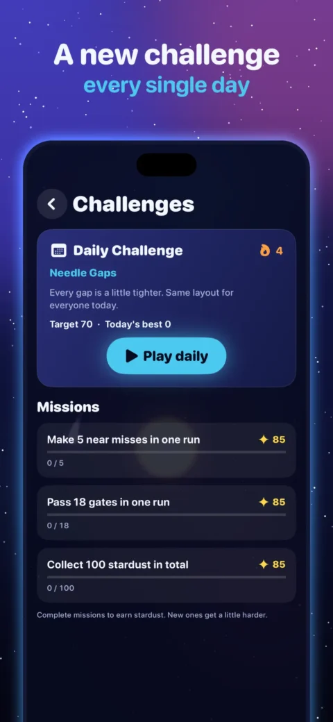 The Comet Coil Challenges screen with the Daily Challenge and three missions. "A new challenge every single day."