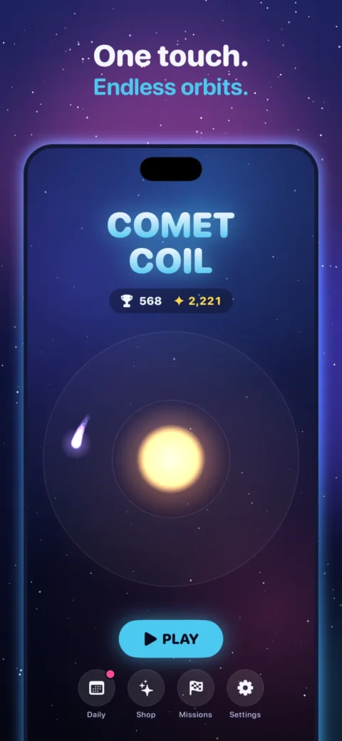 The Comet Coil main menu with a Play button. "One touch. Endless orbits."